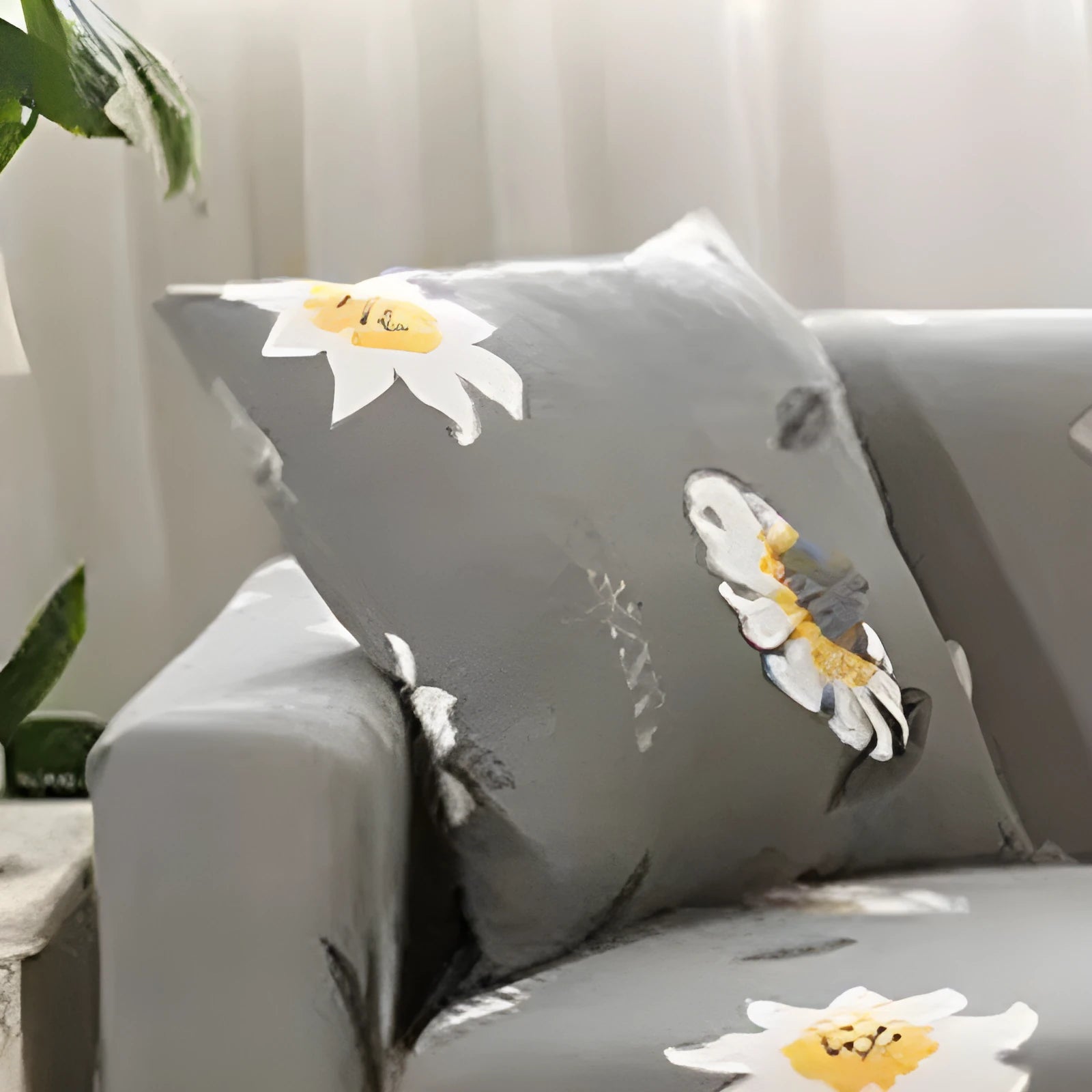 Geometric patterned stretch sofa slipcover fitted on a three-seater sofa
