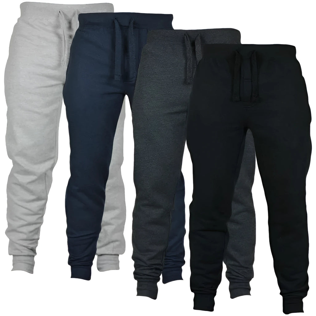 Men's solid colour fleece casual pants with drawstring waist and pencil pant silhouette