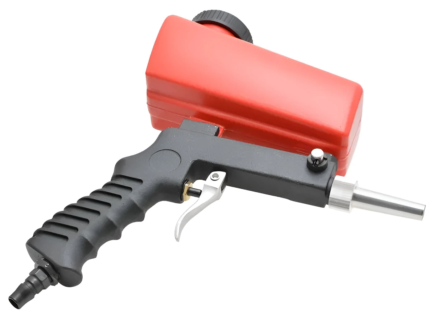 Portable black pneumatic sandblasting gun with gravity feed pot and 6.5mm nozzle.