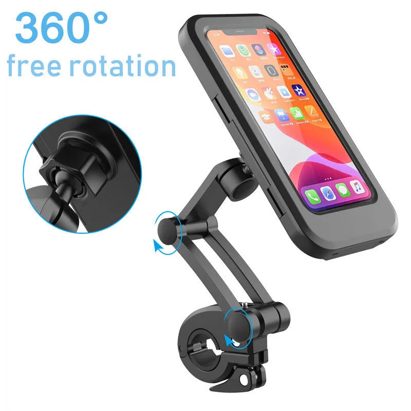 Black waterproof bicycle motorcycle phone holder with adjustable joints and magnetic suction on handlebars