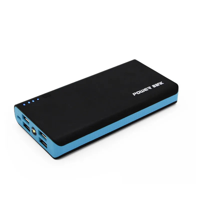 Blue 20000mAh portable power bank with USB port, shown next to a mobile phone for scale.