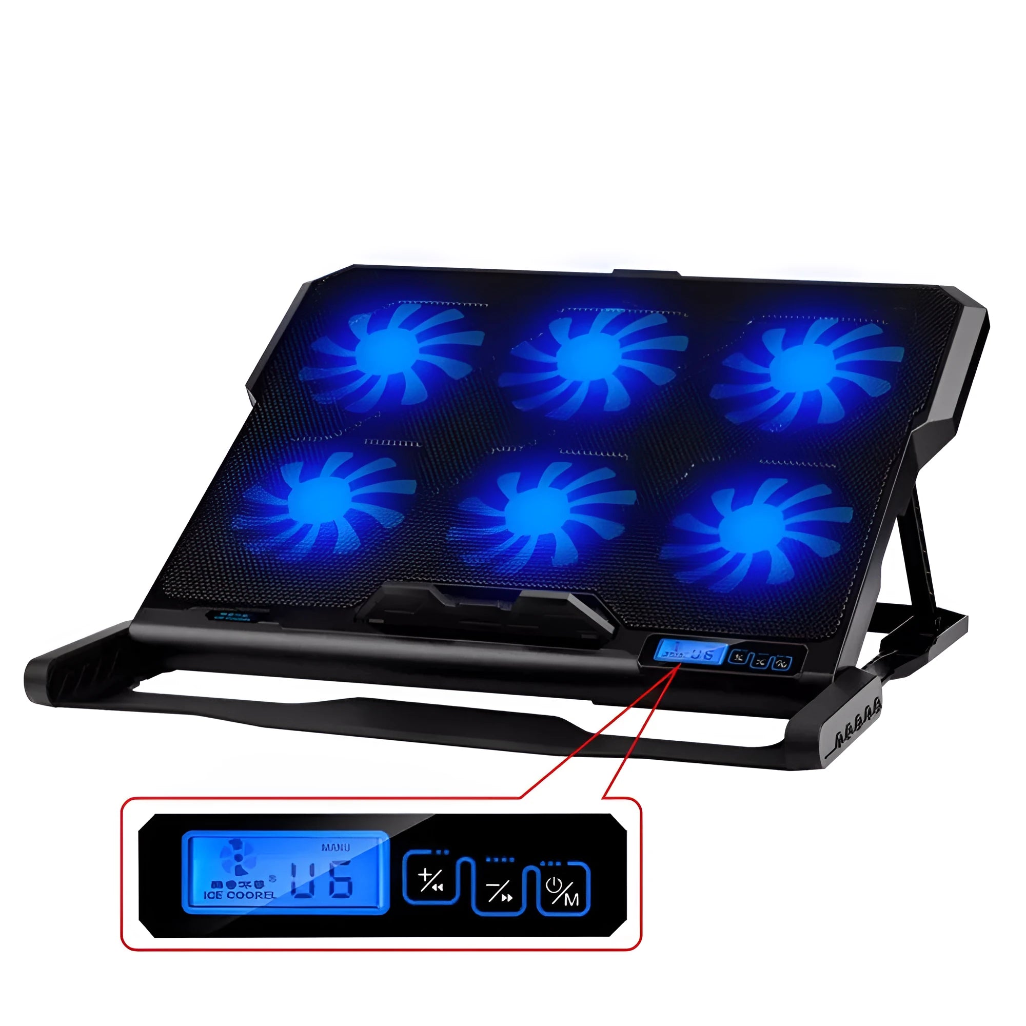 Laptop cooling board with metal mesh construction and LCD display showing speed controls