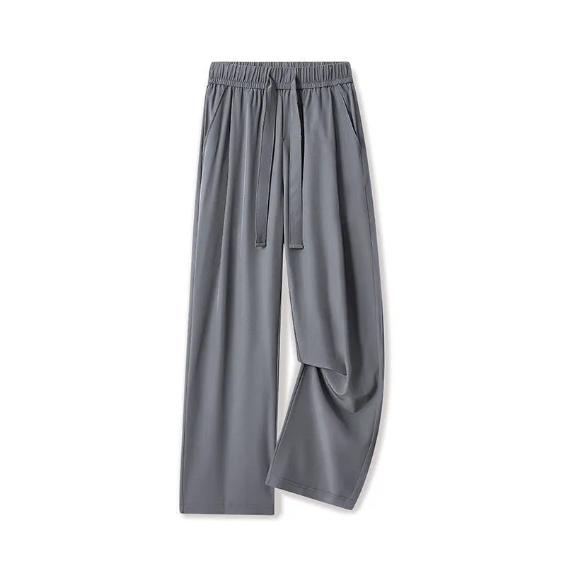 Men's quick-drying loose straight wide-leg casual trousers in black, polyester blend, drawstring waist