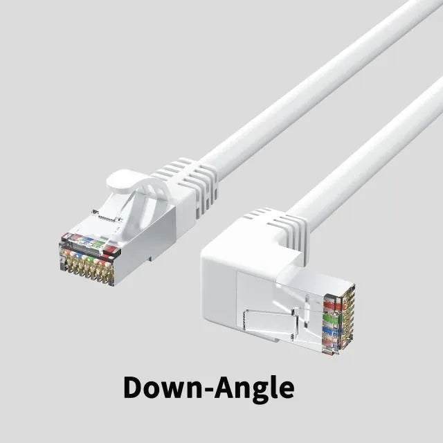 Cat6 Ethernet cable with right-angle metal RJ45 connector in black, available in multiple lengths