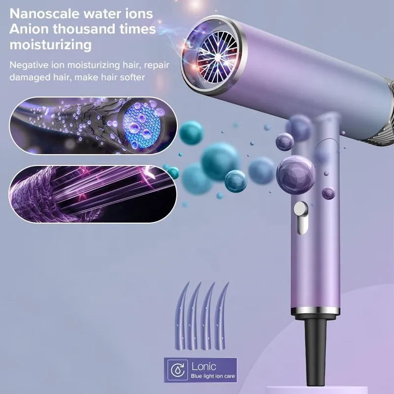 Foldable 1300W negative ion hair dryer in green or purple, 25 x 11.5 x 7 cm, with folding handle and US plug.