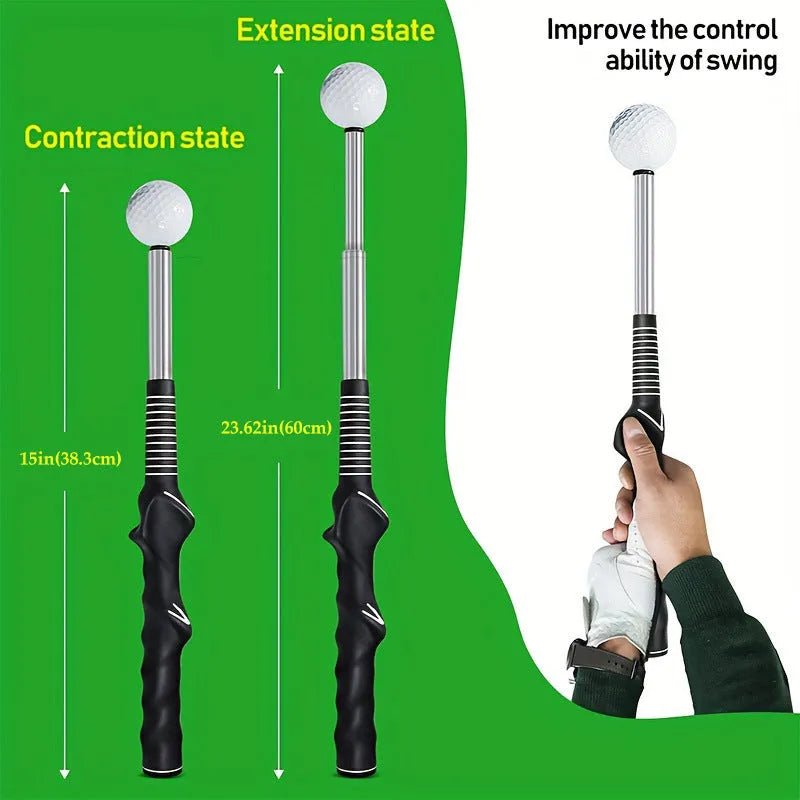 Telescopic stainless steel golf swing trainer simulator on a green background.