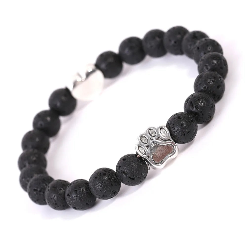 Tigereye Indian Agate stone bracelet shaped like a dog's paw with an engraved love heart.