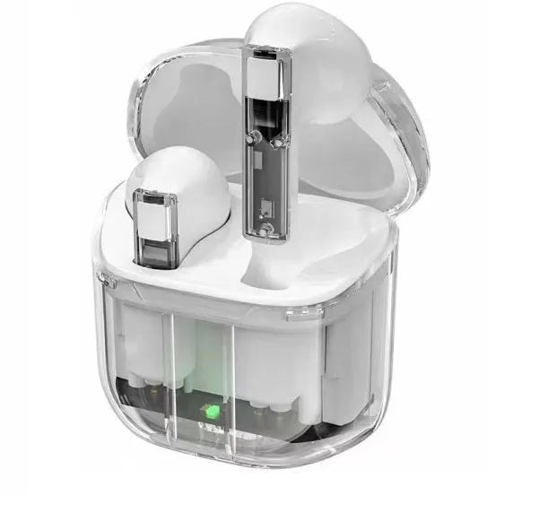 Transparent space capsule case true wireless Bluetooth earphones showing digital display screen