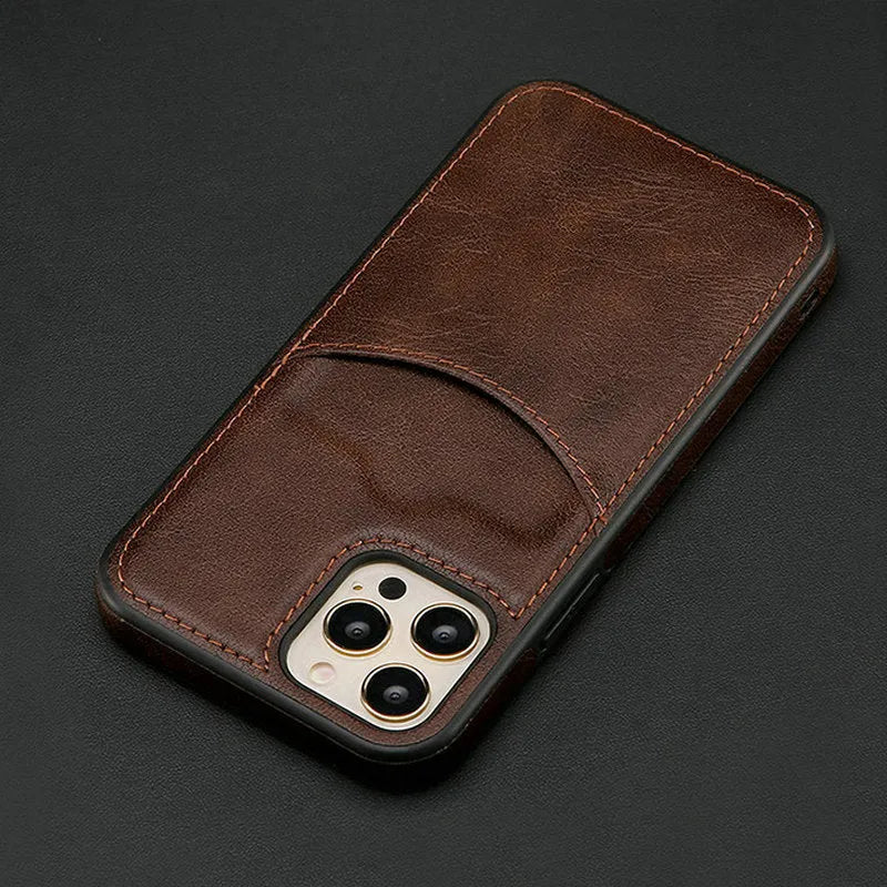 Dark blue PU leather protective case for iPhone, showing back and side coverage with precise port cutouts.