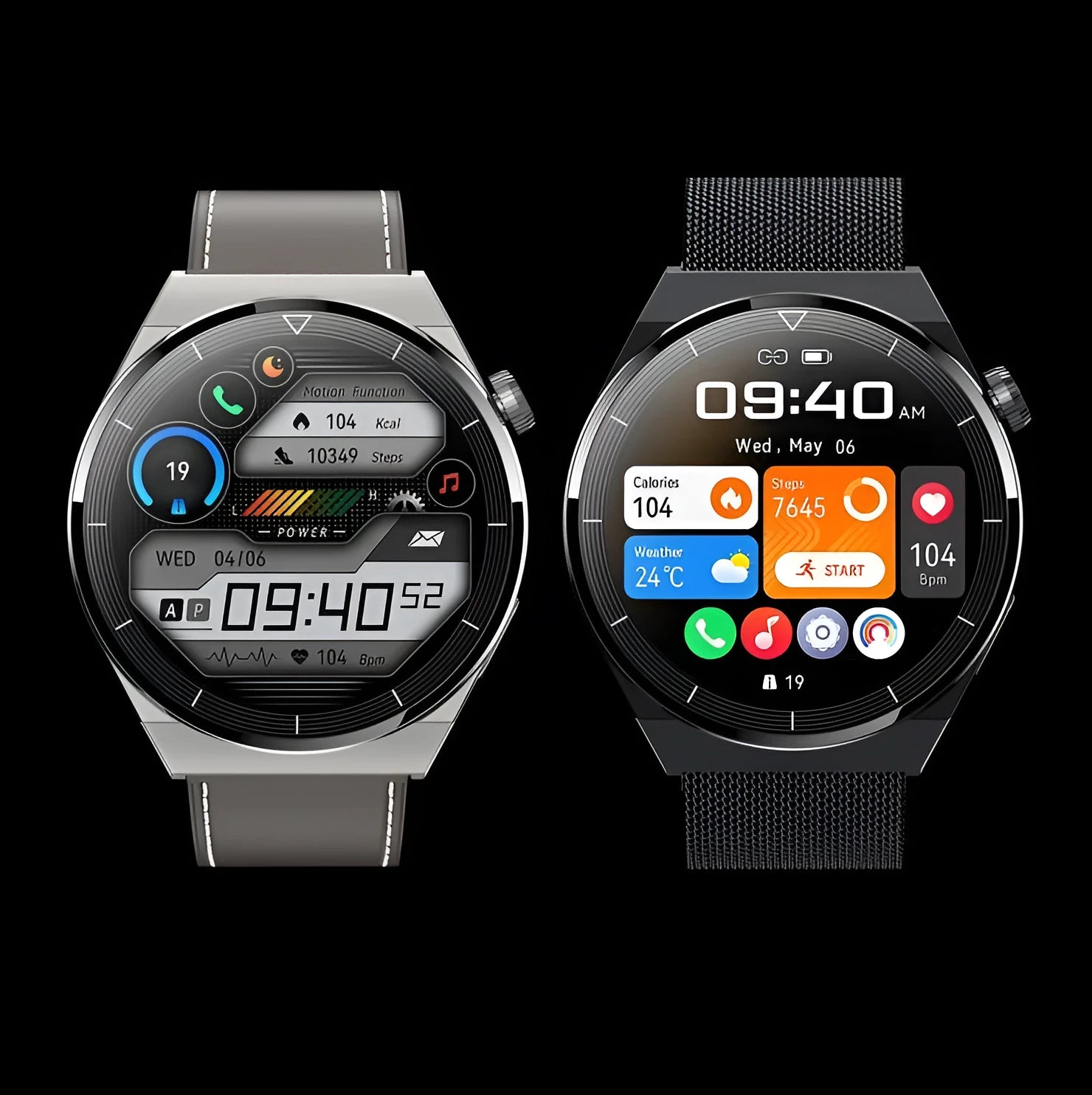 Round smart watch with black silicone strap showing 1.36-inch touchscreen display