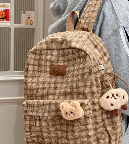 Corduroy checked backpack in khaki with computer pocket, 42x30x15cm, retro campus style