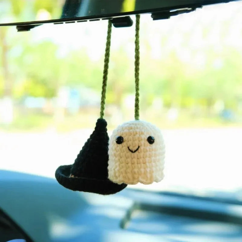 Polyester plush hand-woven cartoon automobile hanging ornament showing Halloween bat and ghost designs.