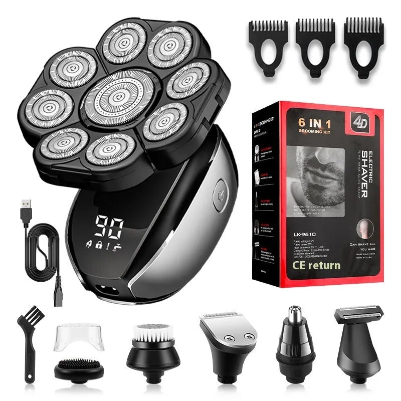 Black rechargeable hair clipper and shaver set with six attachments including trimming combs on a white background.