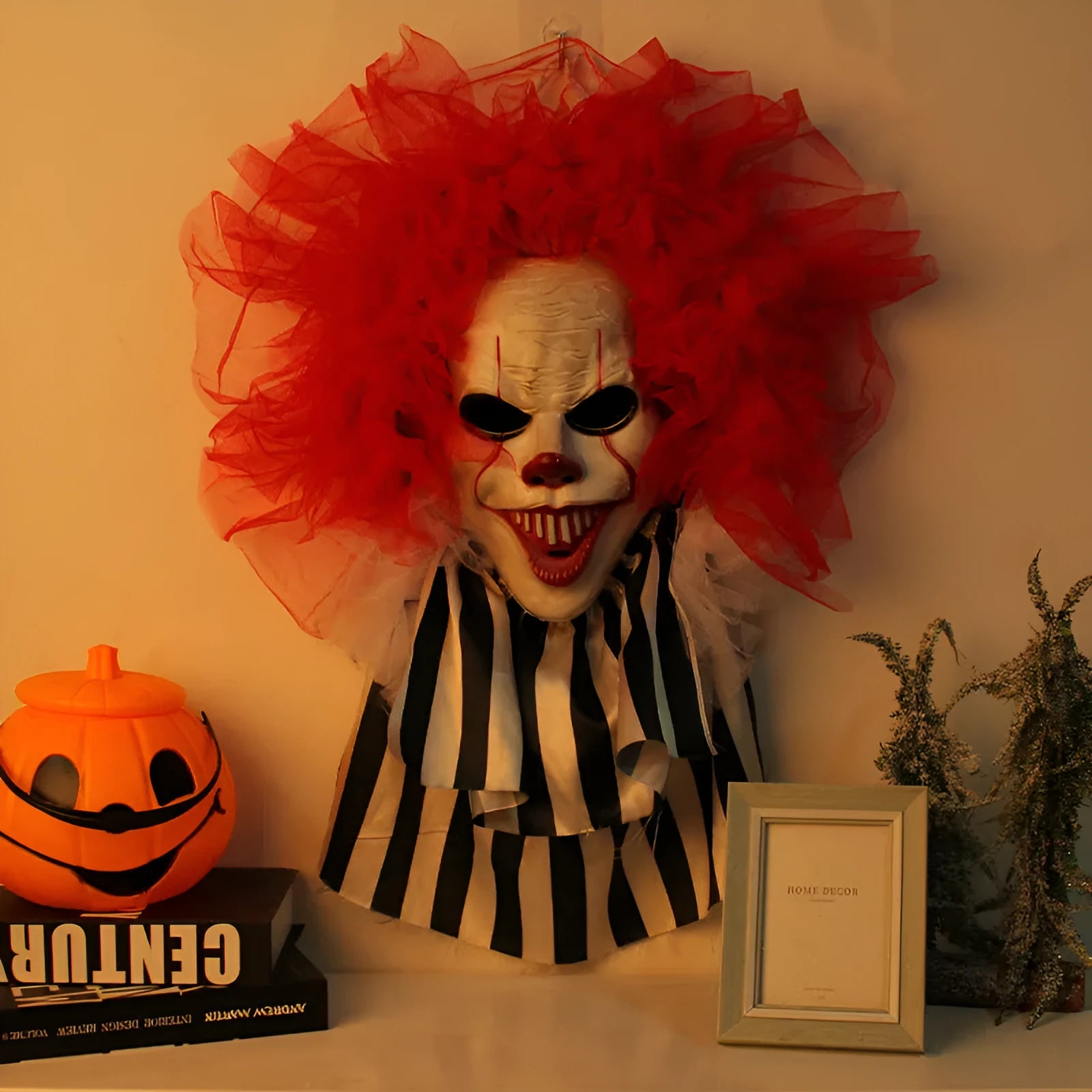Red clown Halloween wreath decoration made from cloth with character pattern for door or wall hanging