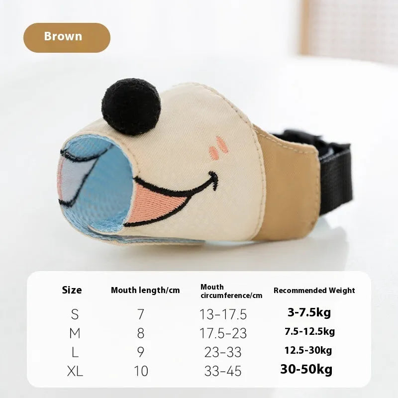 Adjustable canvas dog muzzle in Ollie Brown Bear colour, shown on a dog's snout with straps fastened.