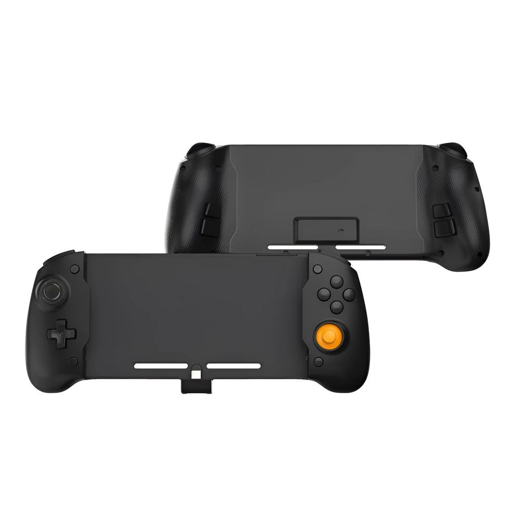 Black and white portable Nintendo Switch gamepad handle attached to console showing controls and Type-C port.