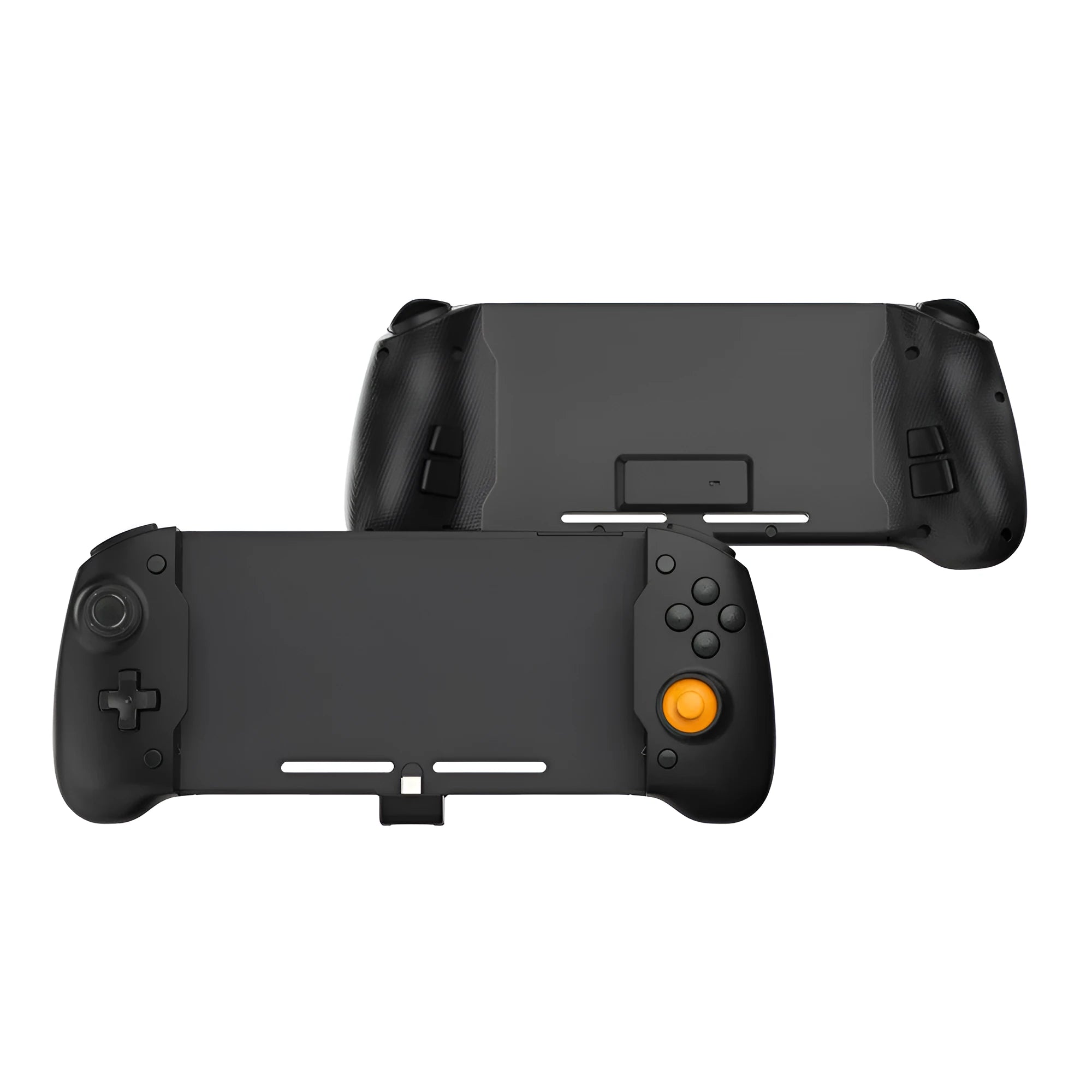 Black and white portable Nintendo Switch gamepad handle attached to console showing controls and Type-C port.