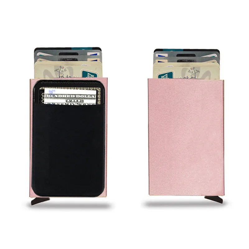 Frosted metal slim credit card wallet in aluminium alloy showing colour options.