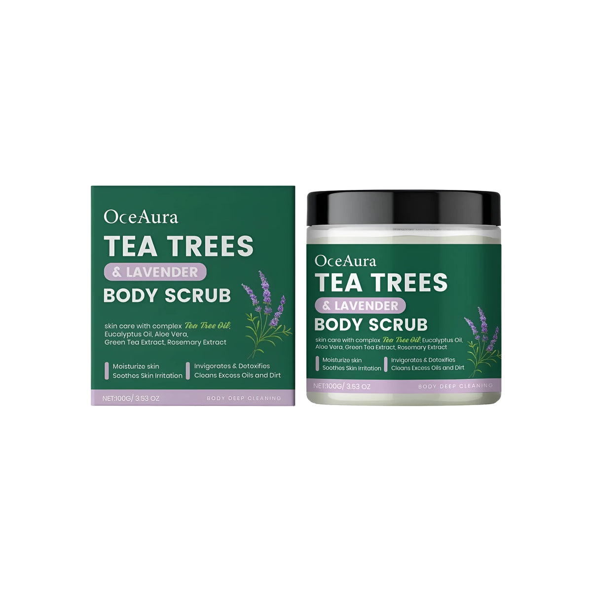 Tea tree and lavender body scrub 100g tube with walnut shell powder, aloe, green tea and rosemary extracts