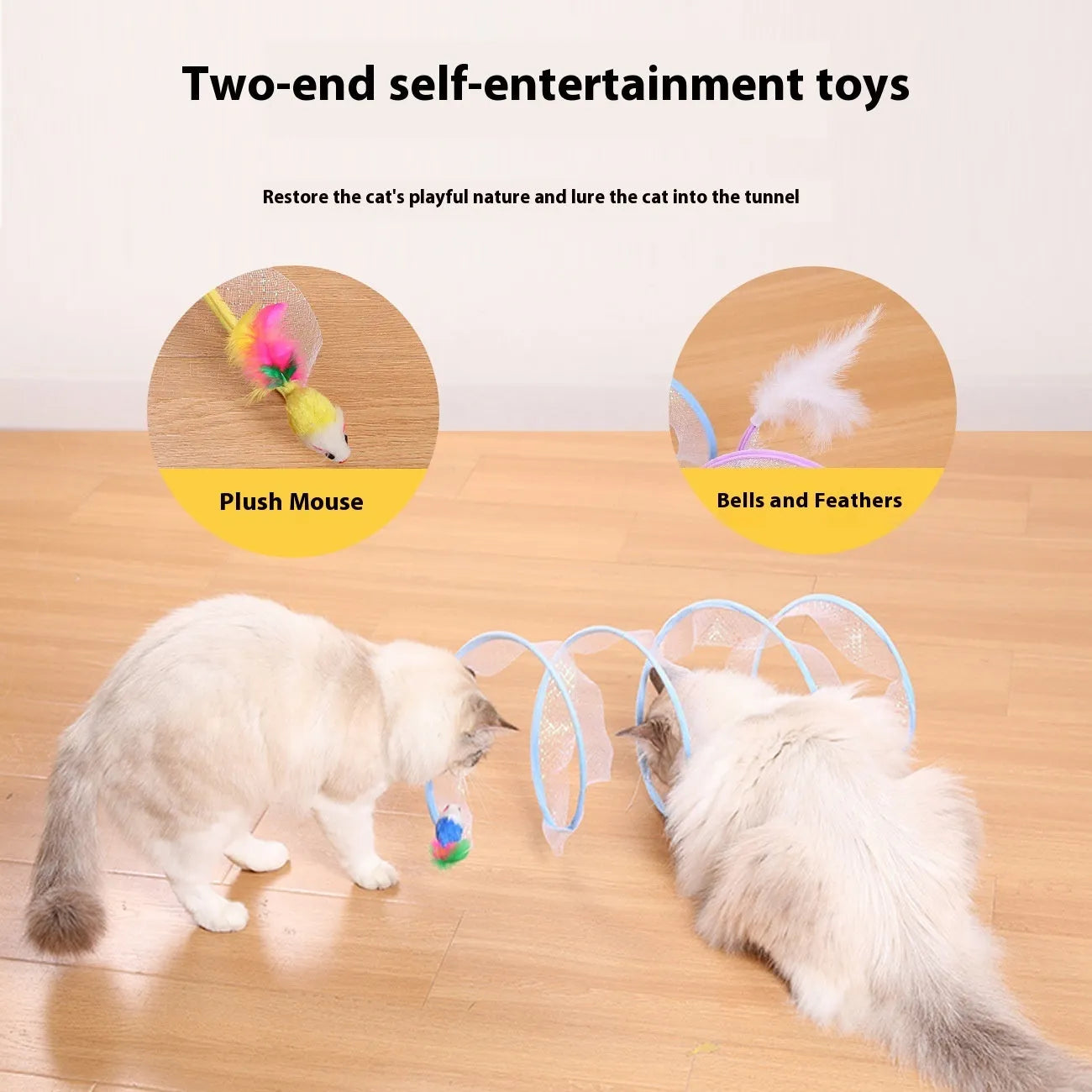 S-type collapsible cat tunnel toy with steel frame, elastic net, and feather attachments.