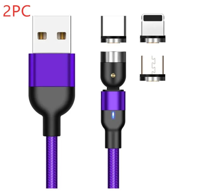 Essager black magnetic USB cable with 360-degree rotating head and blue LED light, shown with Micro USB, Lightning, and Type C tips.