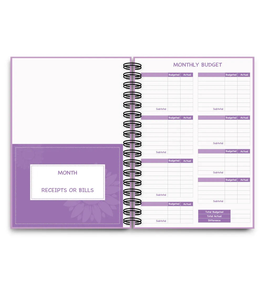 J12 purple coil-bound budget book open showing Daolin paper pages with financial tracking stickers and paper clips