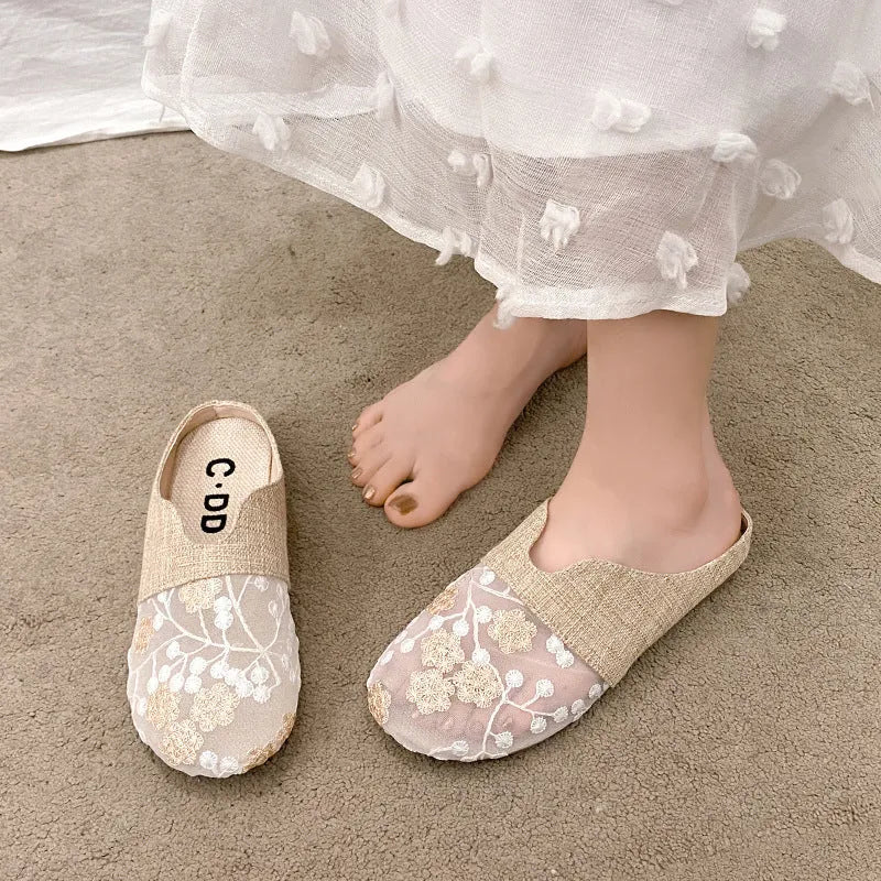 Gold low heel flat slip-on sandals with mesh upper and hollow toe box