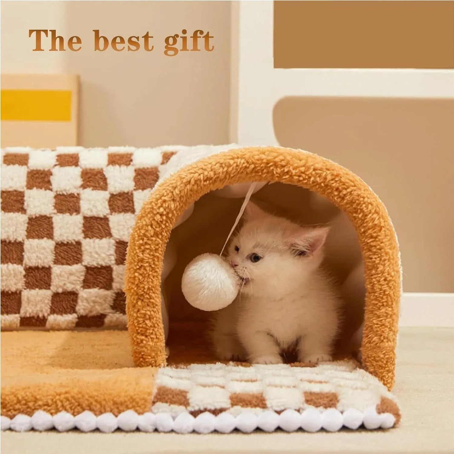 Brown plush plaid cat tunnel bed with central mat showing collapsible tube design