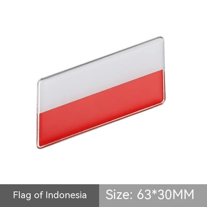 Aluminium national flag car sticker badge, parallelogram shape, 6.3 by 3 cm, for rear bumper.