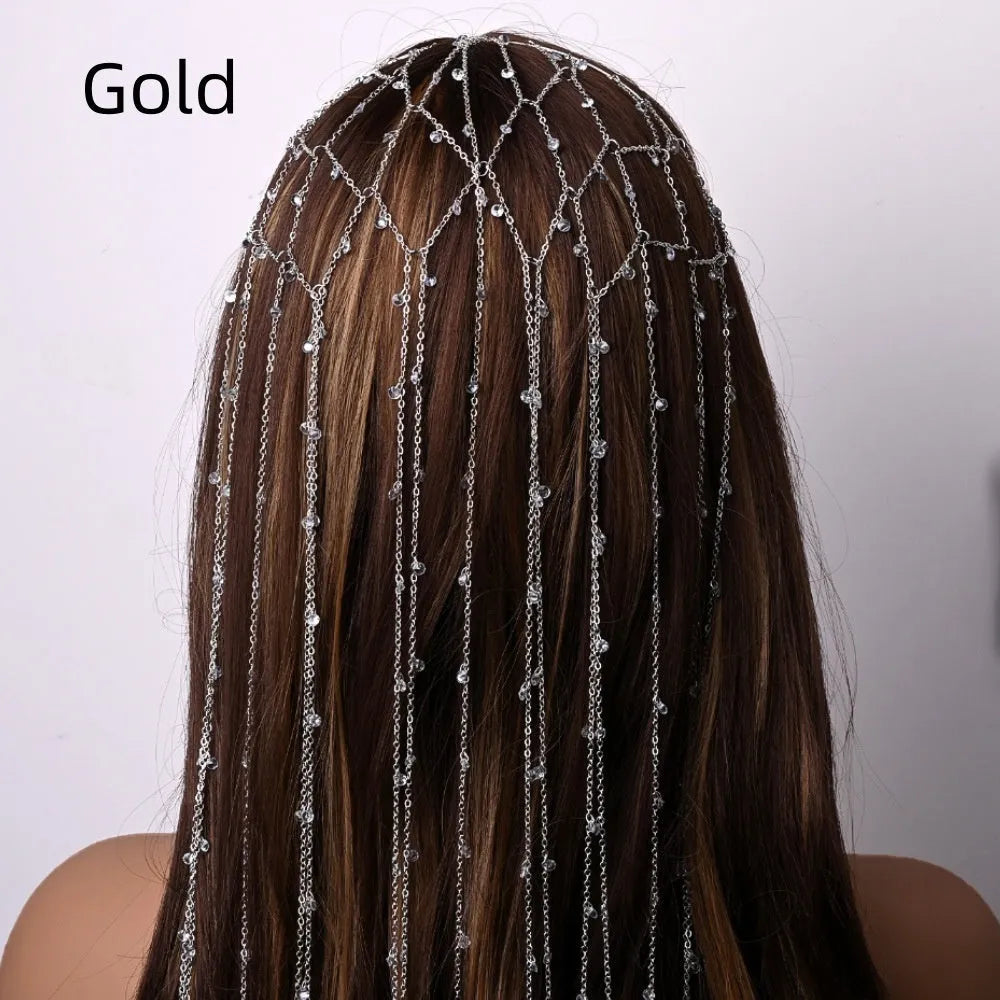 Gold electroplated rhinestone headband with mesh tassel detailing, 24 cm hair accessory
