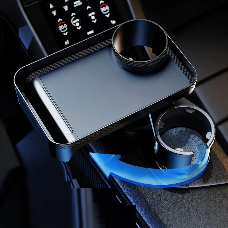 Black car-mounted dinner tray holder with a rotating base, shown inserted into a vehicle cup holder.