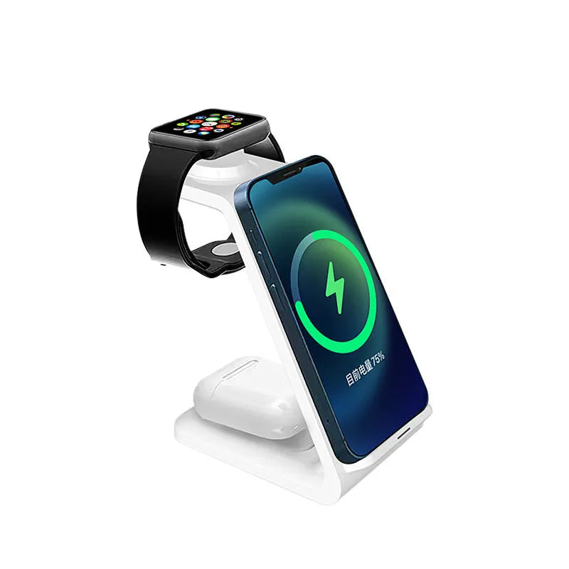 White upright wireless charging phone holder on a desk, showing phone in stand and included Type-C cable.