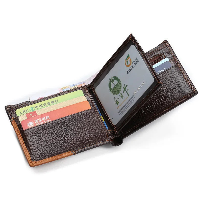 Horizontal brown leather men's wallet with contrast stitching, shown open to reveal card slots and a zippered coin pocket.