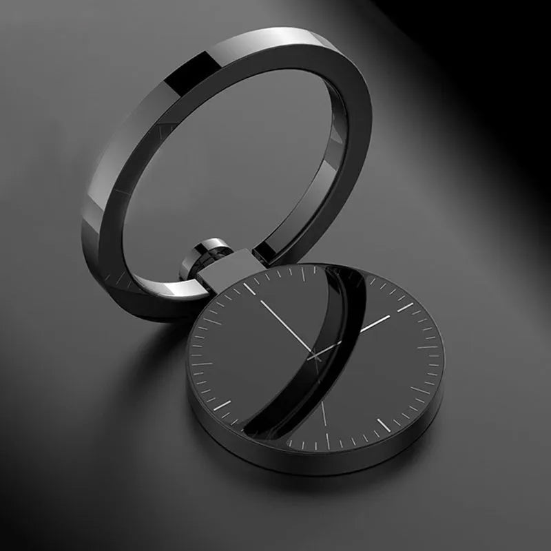 Magnetic alloy ring phone holder in black with 360-degree rotation for car mount