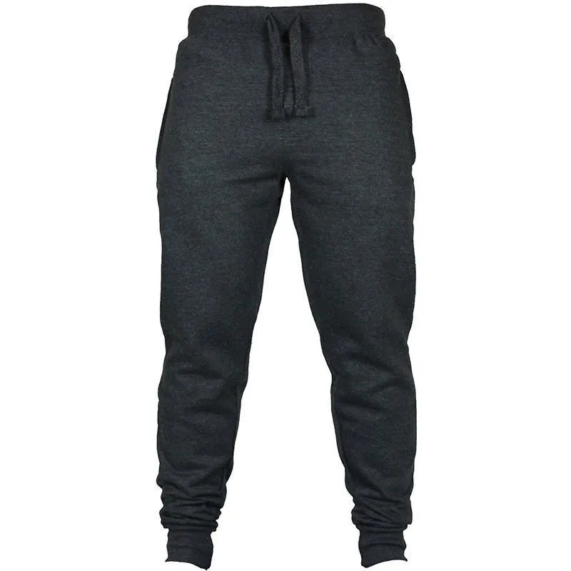 Men's solid colour fleece casual pants with drawstring waist and pencil pant silhouette