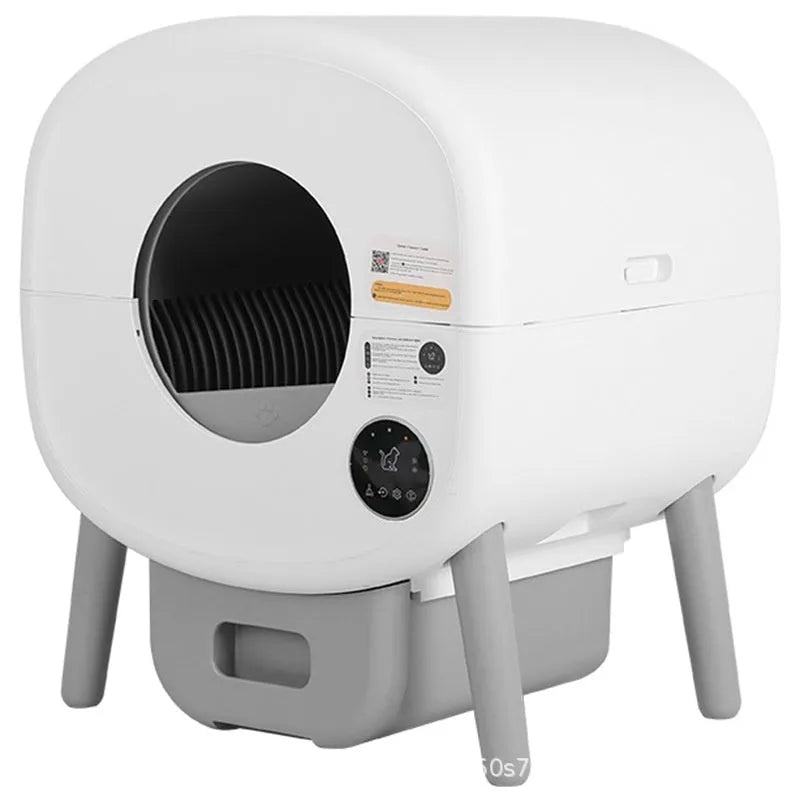 White automatic self-cleaning cat litter box with enclosed ABS plastic design and control panel.