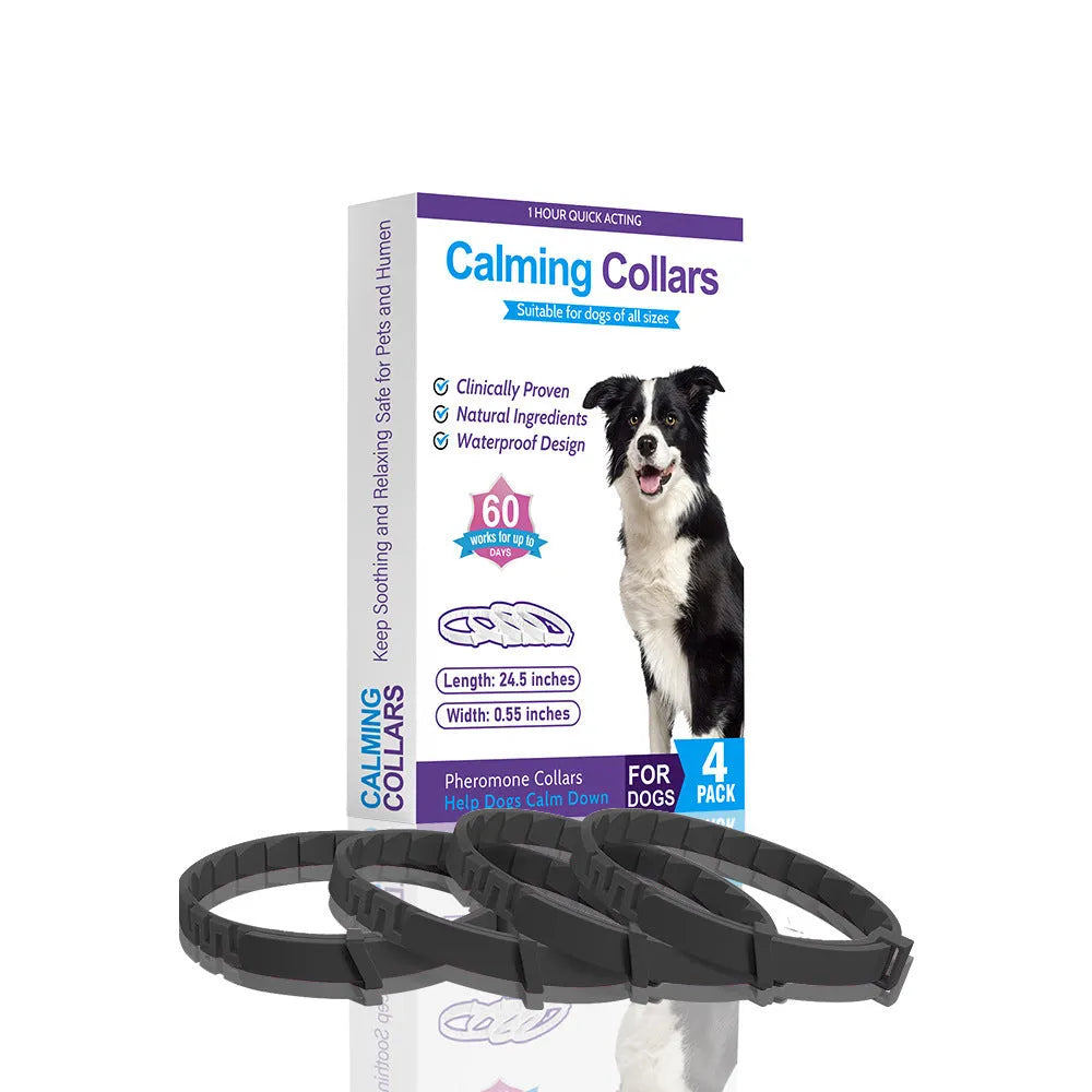 Set of four monochrome dog anxiety relief collars in assorted colours, showing soft TPR material and adjustable 62cm length.