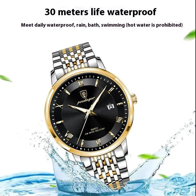 Men's waterproof luminous calendar quartz watch with precision steel case and mineral reinforced mirror