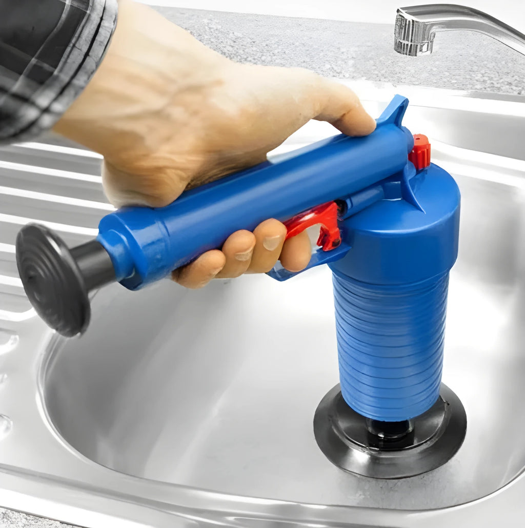 Plastic high-pressure drain blaster gun with four different sized rubber suction adaptors for unblocking pipes.