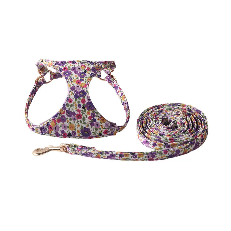 Floral pattern pet harness with matching leash for small dogs in multiple colour options
