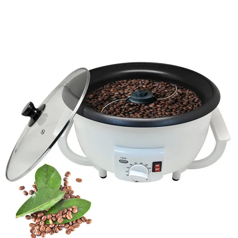 White oblate home coffee bean roasting machine with 750g capacity on a kitchen counter