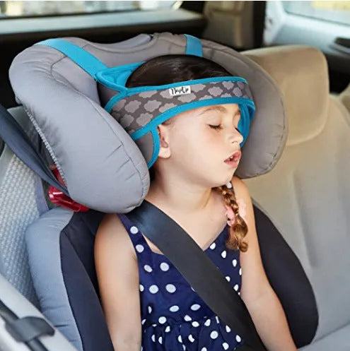 Blue child fixed sleeping pillow with cloth fabric and cotton filling for car, train, and airplane travel