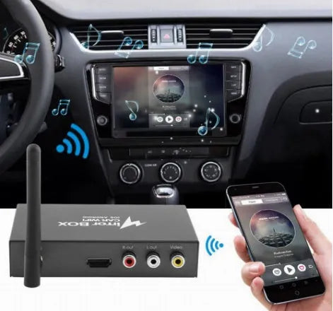 Black car mirror link box with Wi-Fi converter, power cable, antenna, AV cable, and user manual.