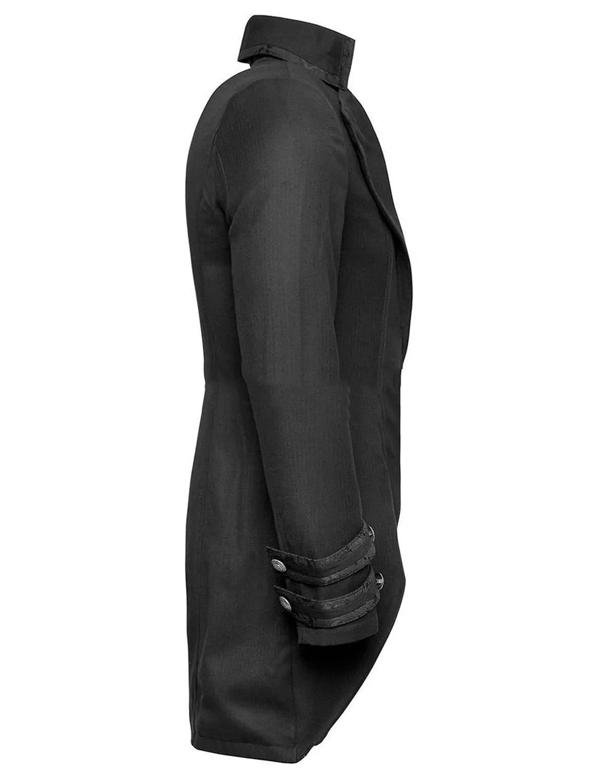 Black Victorian morning gown cosplay jacket on a mannequin, showing button front and period tailoring.