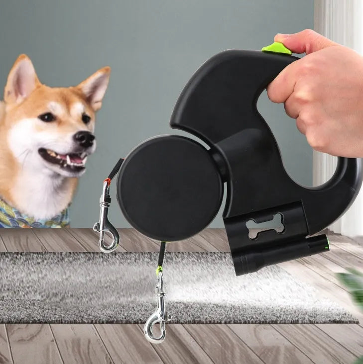 Dual retractable dog leash for small dogs with flashlight, poop bag slot, and 3-metre reflective rope.
