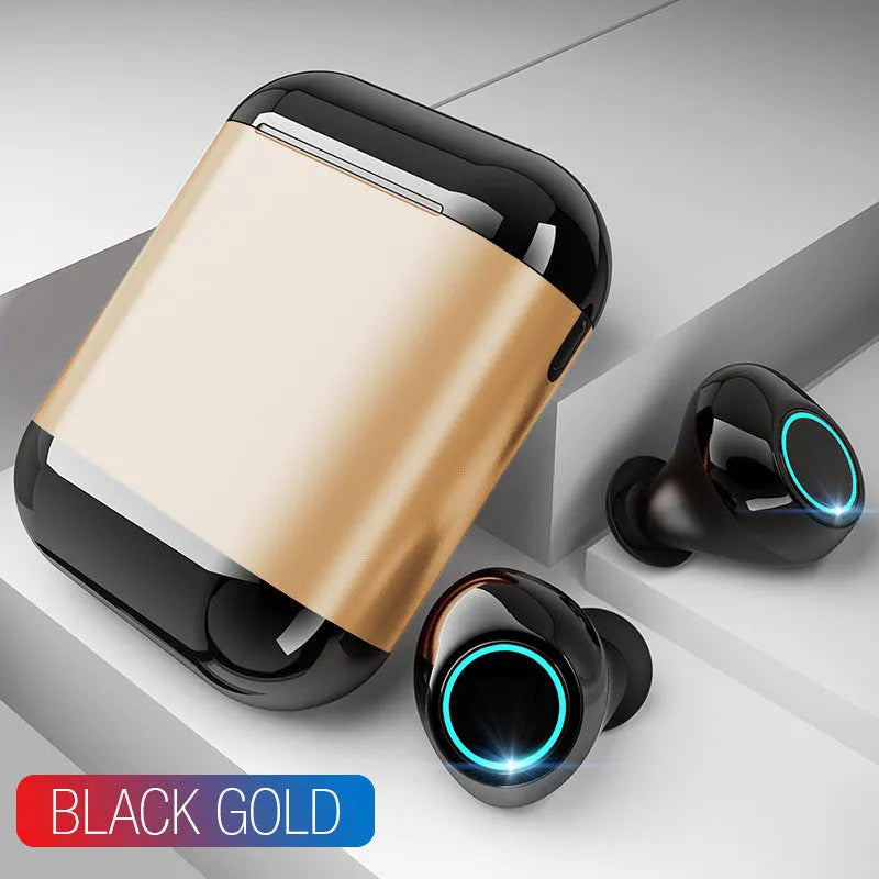 Black TWS Bluetooth wireless earphones with charging case showing wireless connection between earpieces