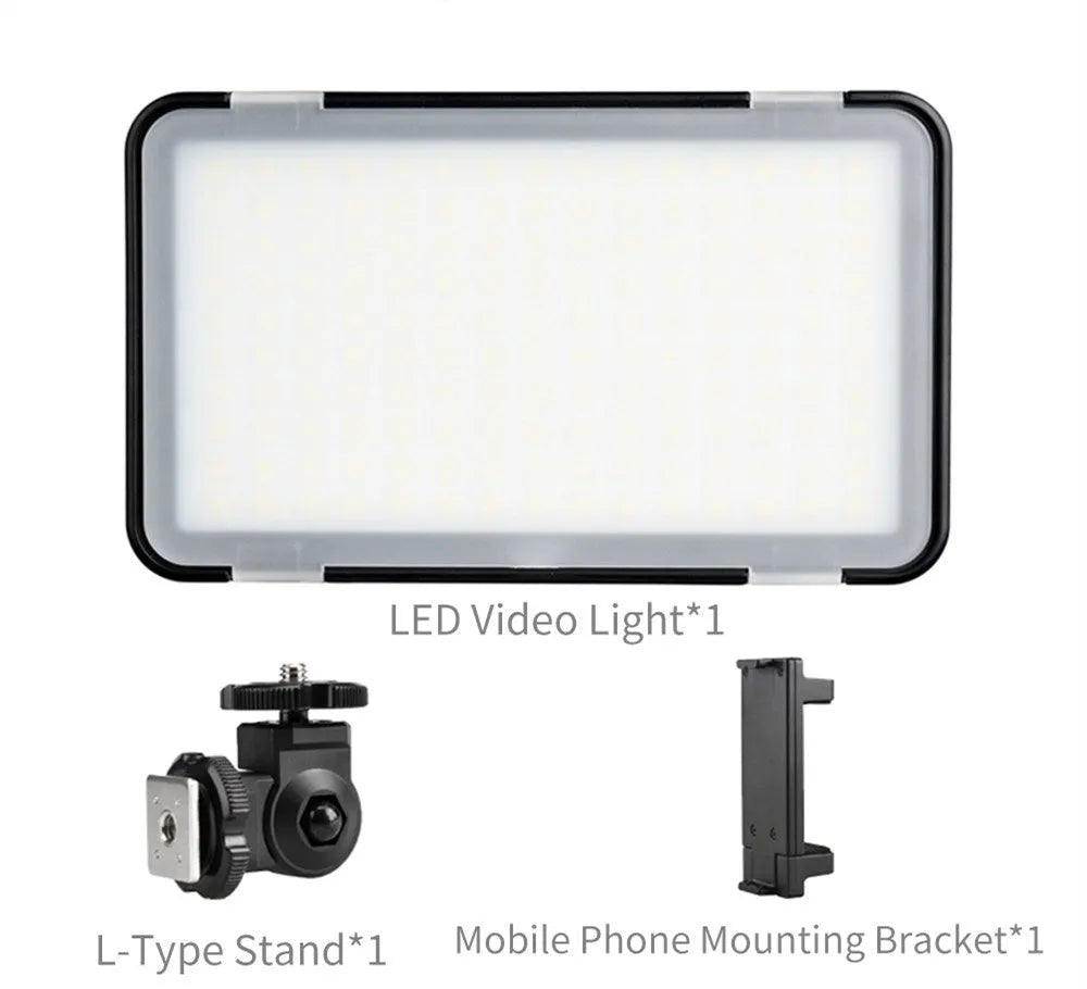 Shenniu M150 ultra-thin silver mobile phone LED video light with 150 LEDs, shown next to a smartphone.