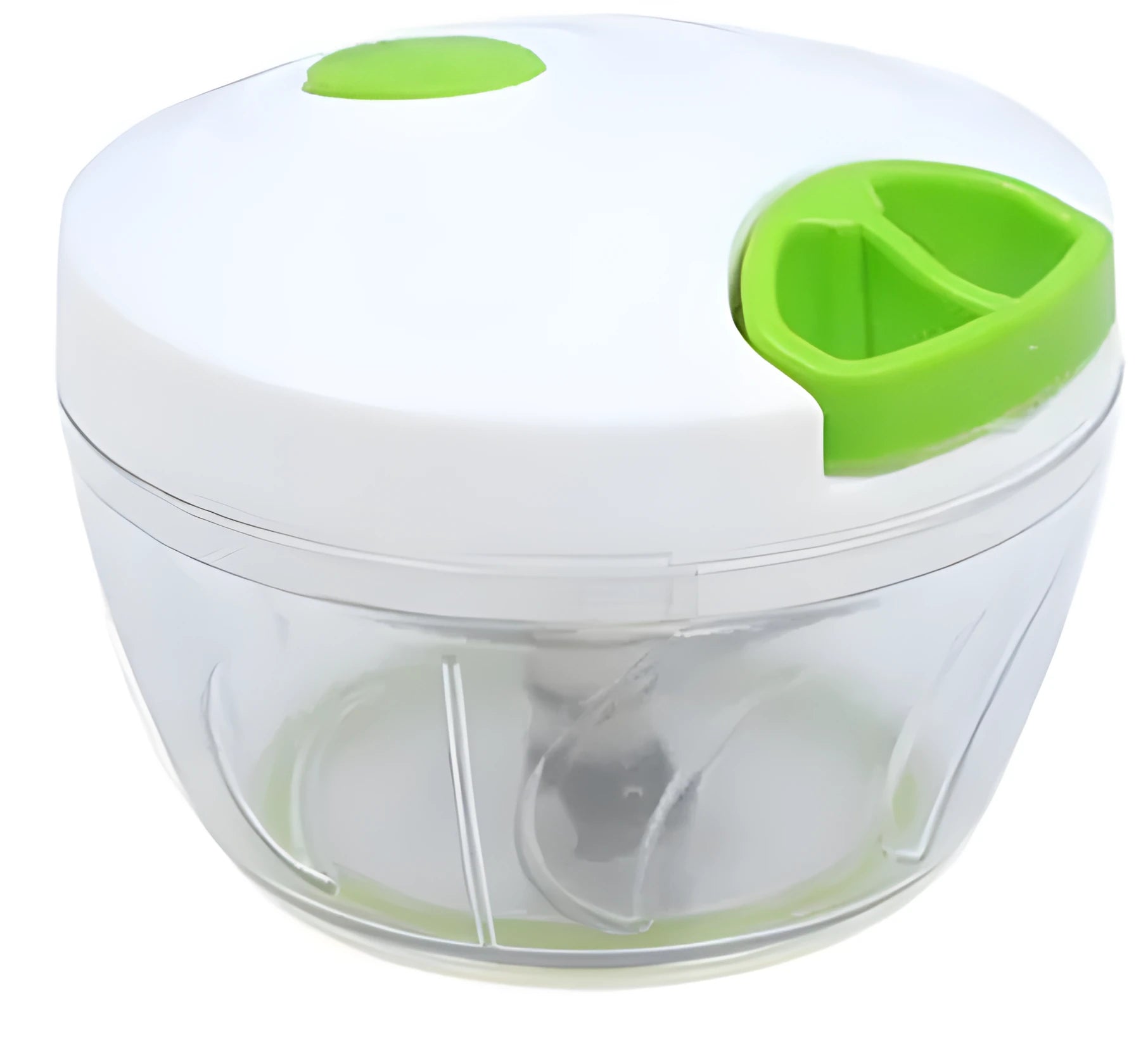 Green manual kitchen chopper grinder with three blades inside a clear bowl.
