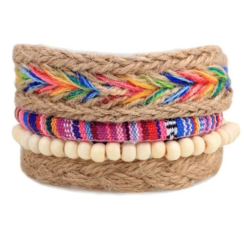 Handmade adjustable leather bead bracelet with multilayer design featuring cowhide leather, wooden beads, and woven ropes