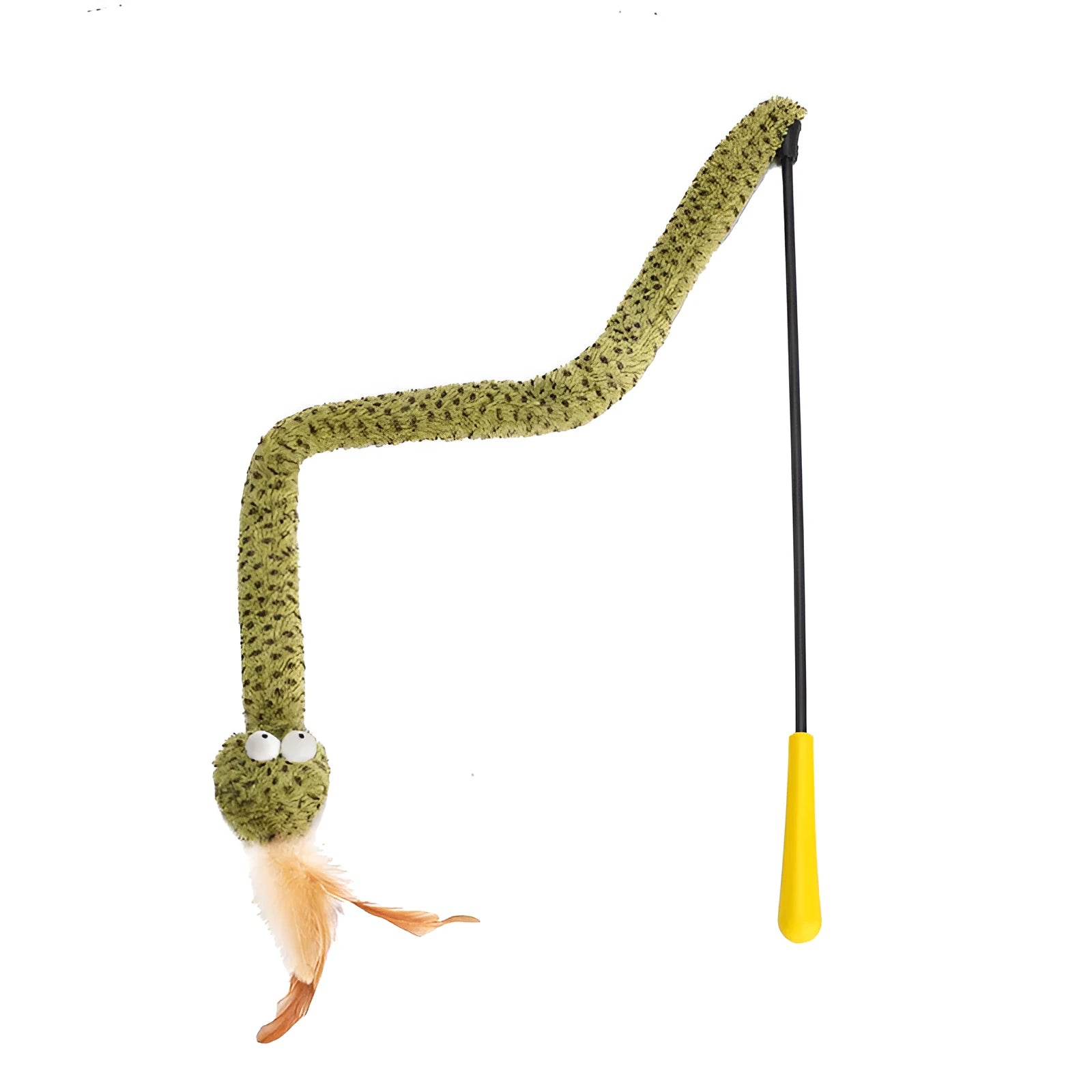 Green cat teasing stick with feather attachment measuring 140cm long